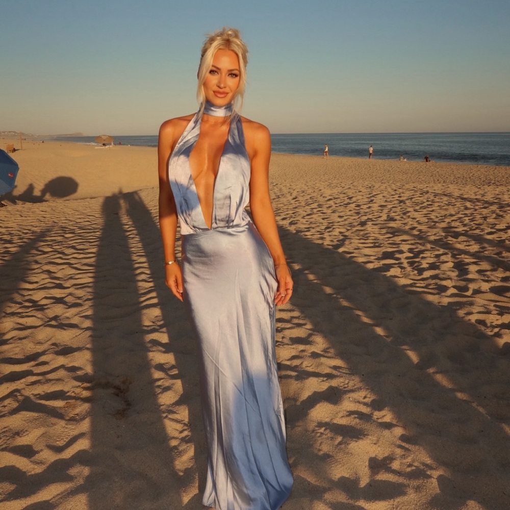 Selfie Leslie Light Blue Satin Halter Maxi Dress